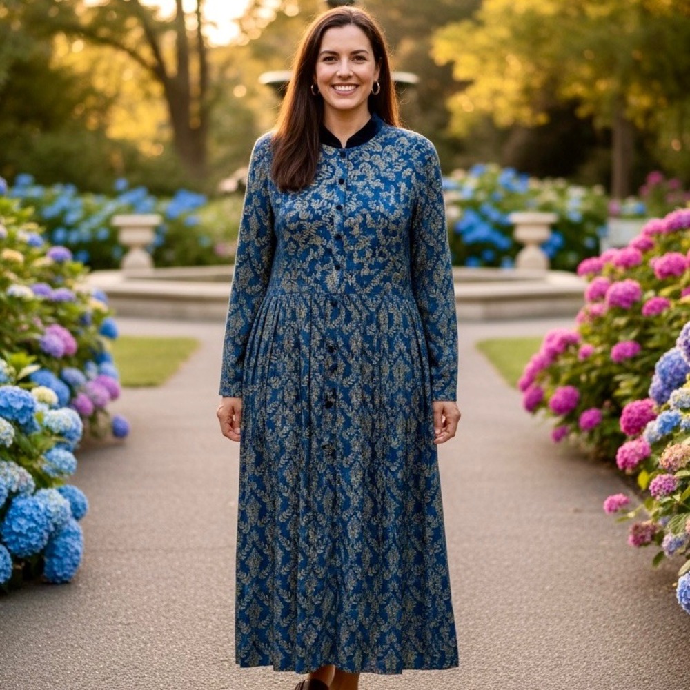 NEW Vintage 90s Karin Stevens Maxi Dress Women 14 Blue Gold‎ Floral Long Sleeve